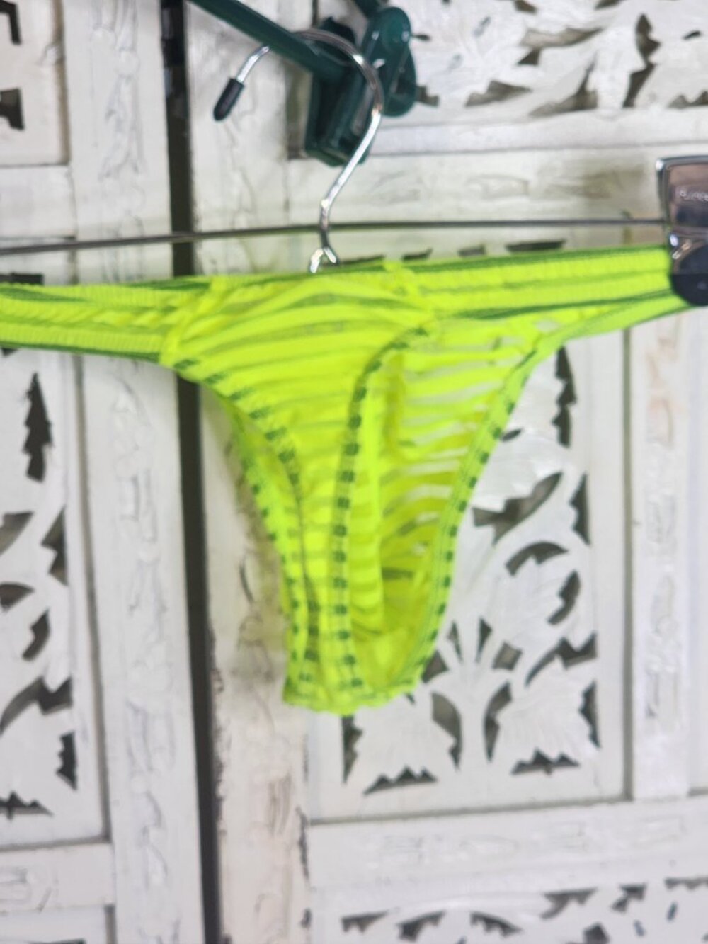 Unknown Brand Neon Lime Sheer Gray Metallic Stripe Thong Underwear Fit Like M - Picture 6 of 16